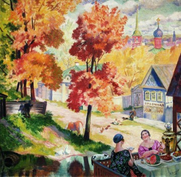 Otoño en la provincia la hora del té 1926 Boris Mikhailovich Kustodiev paisaje urbano escenas de la ciudad Pinturas al óleo